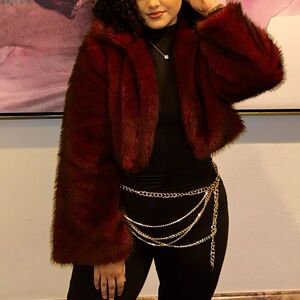 Elegant Burgundy Faux Fur Jacket